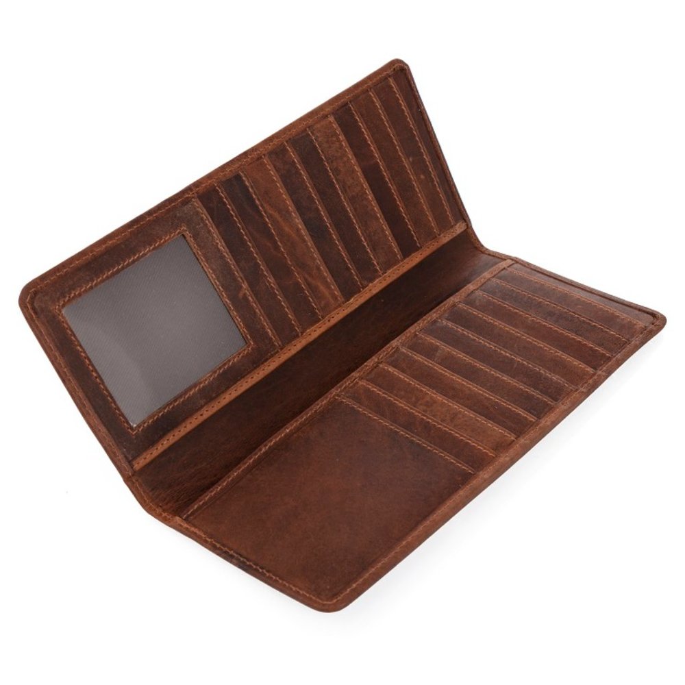Slim Men's Tall Full Grain Leather Long-Wallet Bifold Vintage Wallet Coffee